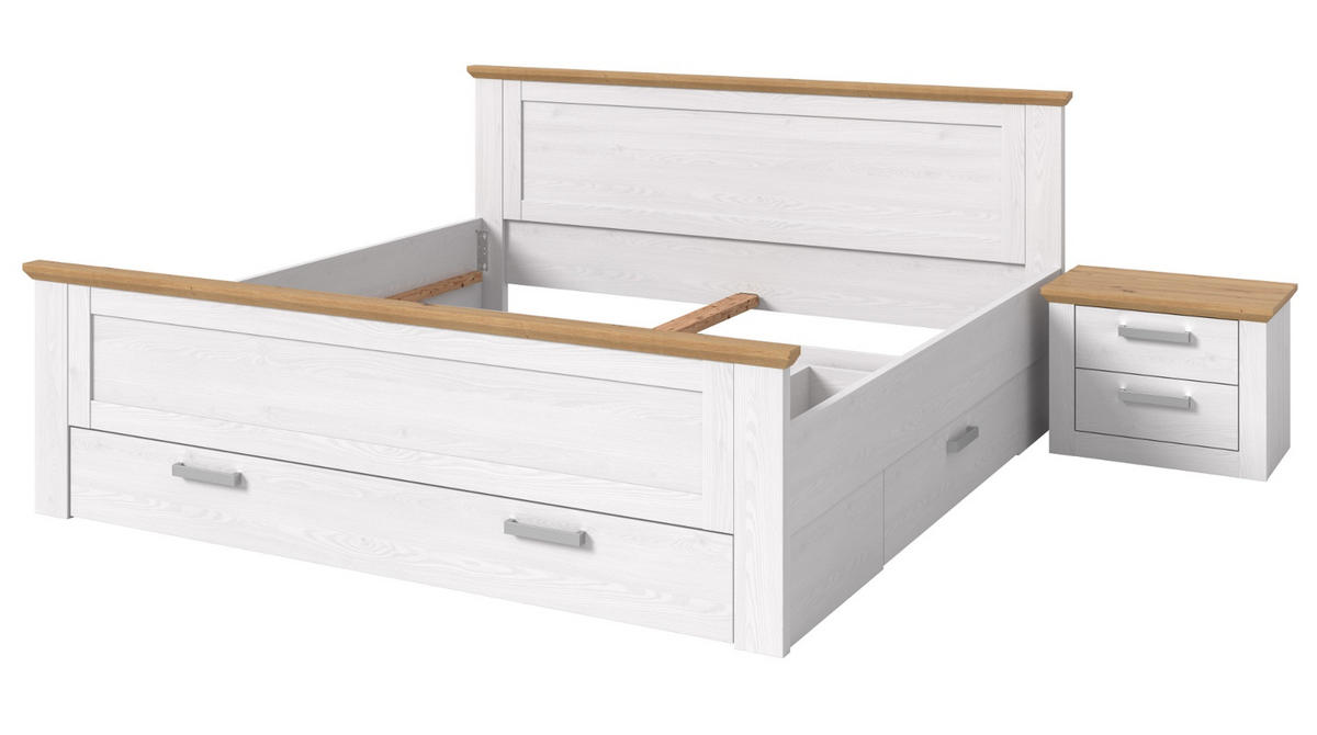 SCHLAFZIMMER weiß Lärche, Eiche Artisan Landhaus Set mit Bett inklusive Bettschubkästen, Nachttisch - Eichefarben/Silberfarben, Holzwerkstoff/Kunststoff (180/200cm) - Inn.Furn