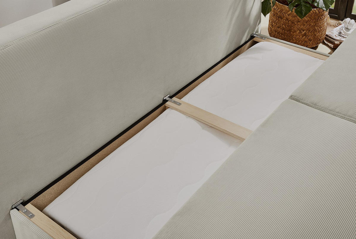 DAUER-SCHLAFSOFA Federkern Topper Bettkasten B201/T110/H88 cm, Liegefläche 160x200 cm, Feincord Beige / 15151 - Wildeiche/Beige, Holz/Textil (201/88/110cm) - luma-home