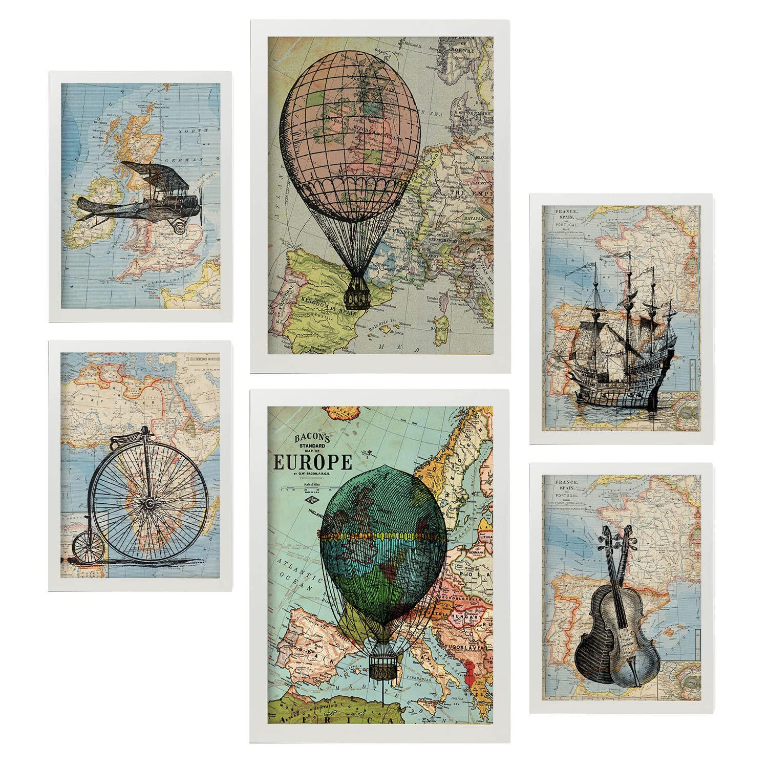 POSTER Set Mit 6 Vintage Maps Sammlung A3 & A4 Weißer Rahmen - Weiß, Papier (29/3cm) - Nacnic