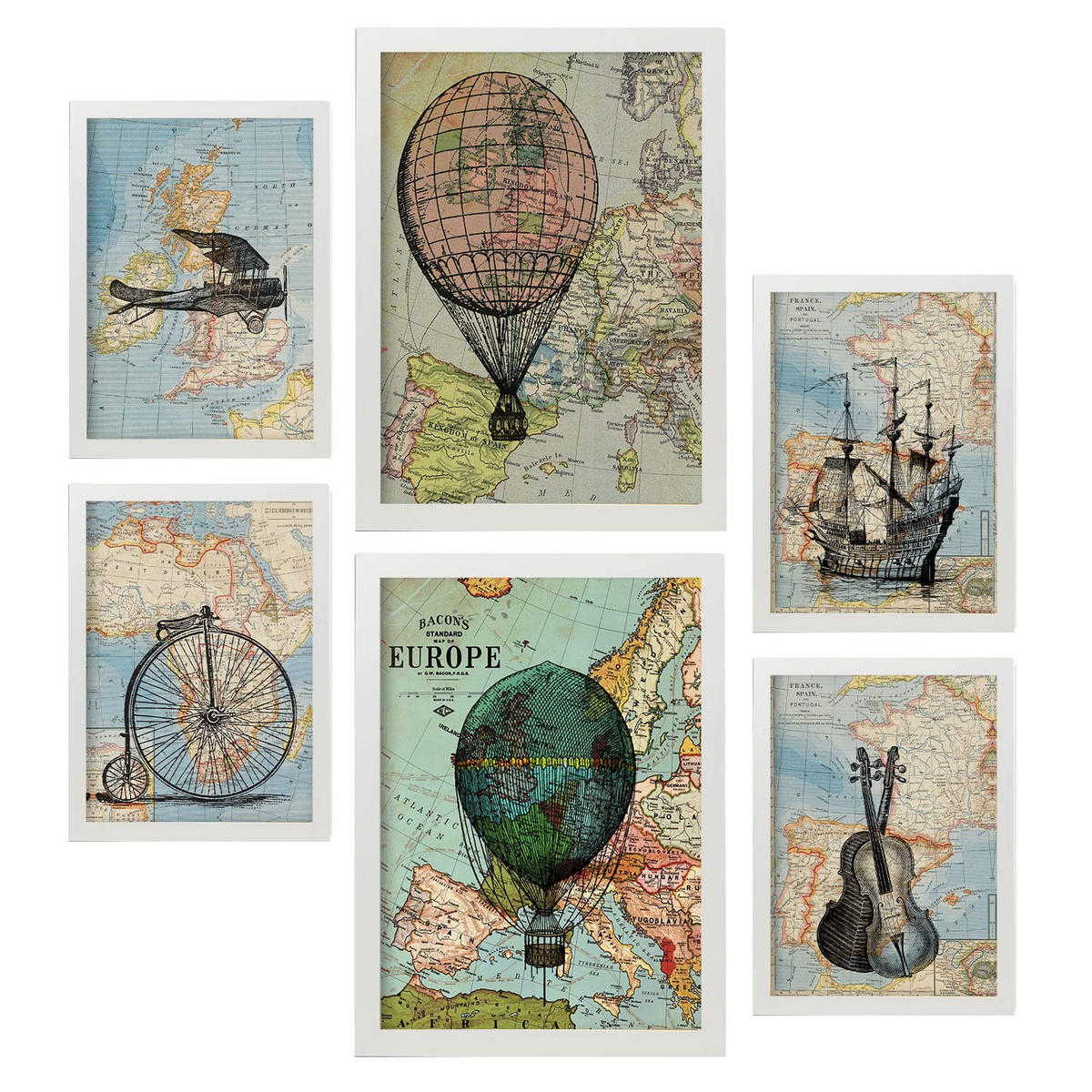 POSTER Set Mit 6 Vintage Maps Sammlung A3 & A4 Weißer Rahmen - Weiß, Papier (29/3cm) - Nacnic