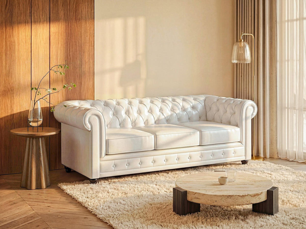 SOFA - 3 Personen - kunstleder - weiß Chesterfield - Weiß, Leder (205/72/88cm) - Vente-Unique