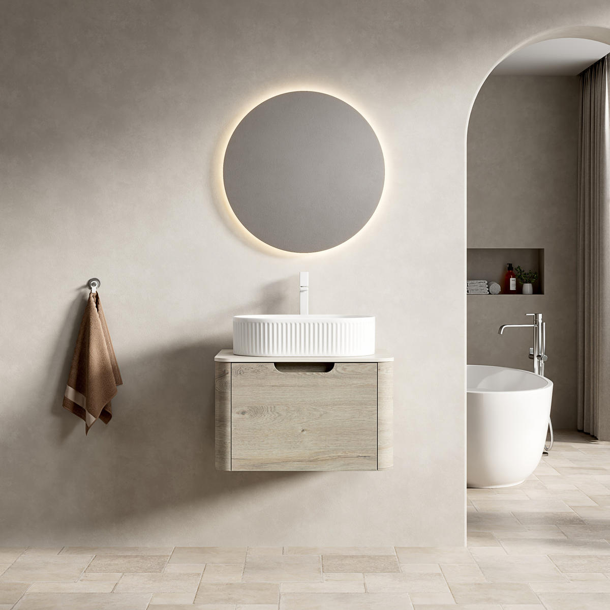 WASCHTISCH 60 cm Keramikbecken Sinterstein Beige - Beige, Holzwerkstoff (46/50.2/60cm) - Beauniv