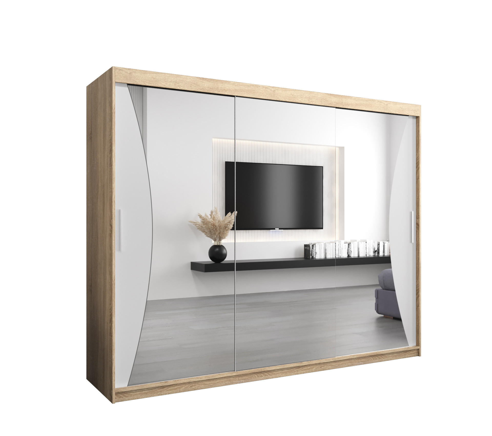 SCHWEBETÜRENSCHRANK 200/250/62 3-türig - Silberfarben/Weiß, Holz/Kunststoff (250/200/62cm) - Abiks Möbel