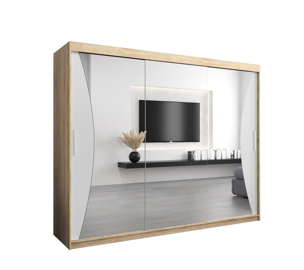 SCHWEBETÜRENSCHRANK 200/250/62 3-türig - Silberfarben/Weiß, Holz/Kunststoff (250/200/62cm) - Abiks Möbel