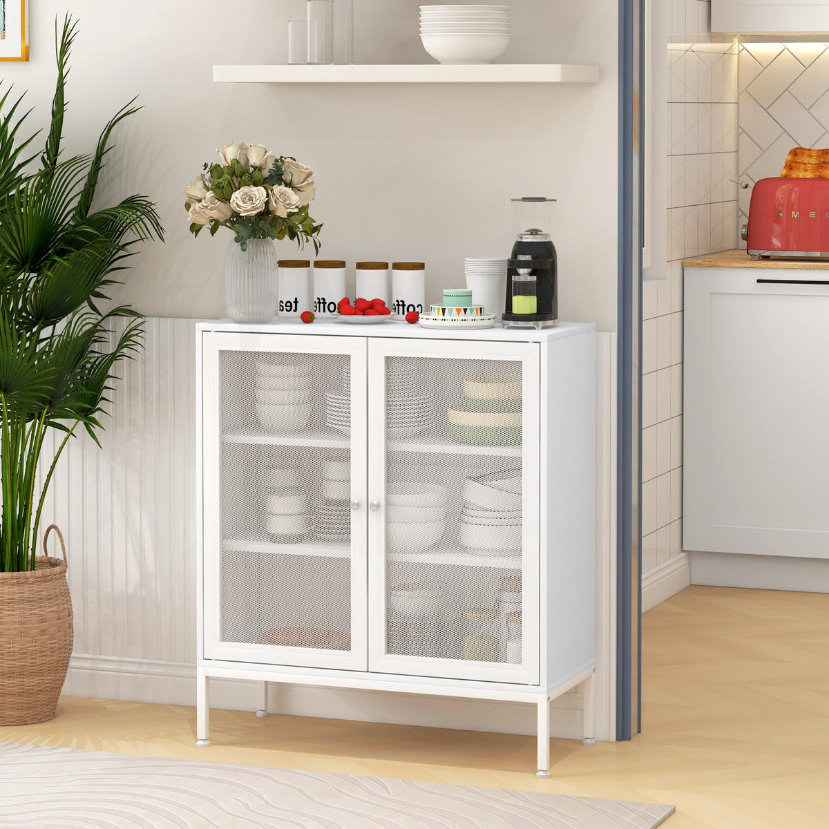 SIDEBOARD DE-11088 3 Ebenen, 2 Gittertüren & verstellbarer Boden Weiß - Weiß, Holzwerkstoff (37/92/80cm) - ComfortXL