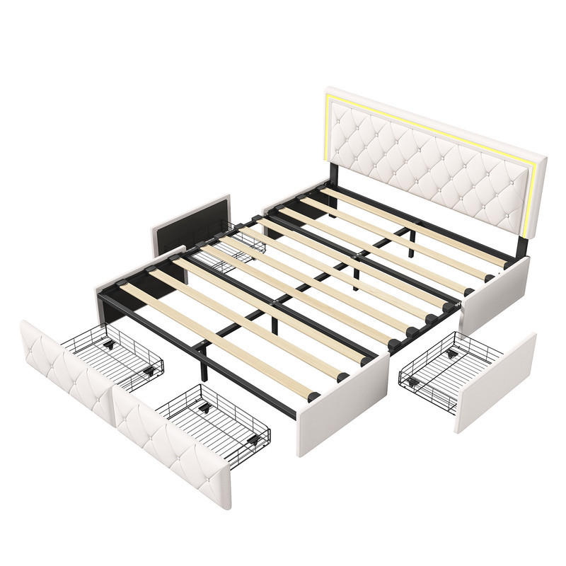 POLSTERBETT 140x200 cm, mit LED-Lichtleiste und 4 Schubladen, Lattenrost, PU, beige, ohne Matratze - Beige, Holz (140/200cm) - WoodenAura