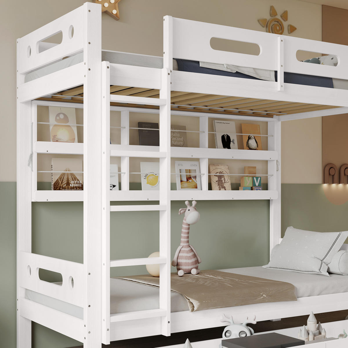 ETAGENBETT 90/200 cm Weiß/Natur mit offenem Regal und 2 Schubladen - Weiß, Holz (90/200cm) - MIVRAY