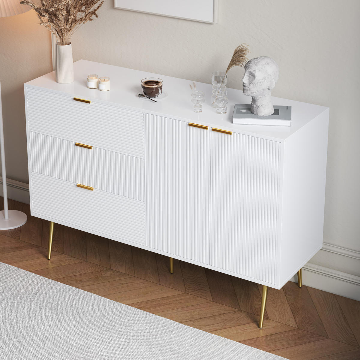 SIDEBOARD 120/38/80,5 cm aus MDF mit Wellenmuster und 3 Schubladen Weiß/Gold - Weiß, Holzwerkstoff (120/80.5/38cm) - Modenvie