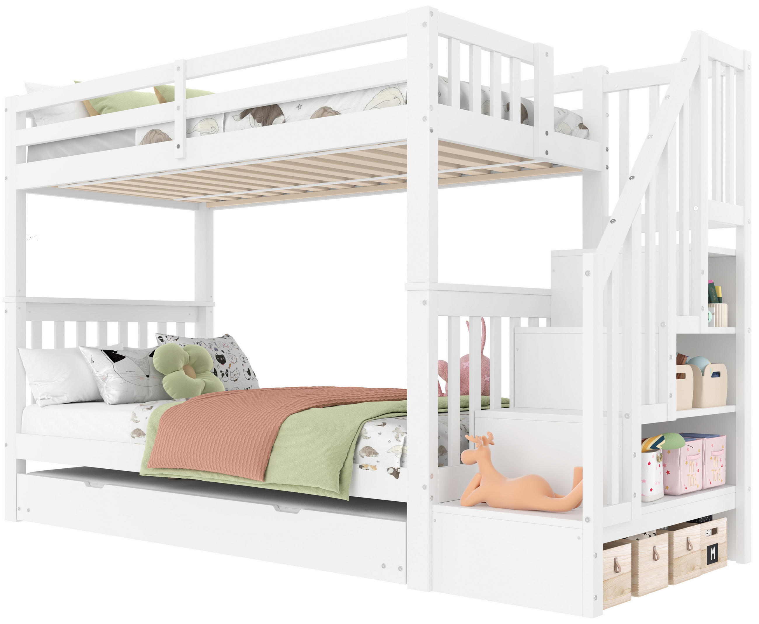 ETAGENBETT 90/200 cm & 90/190 cm in Weiß mit Ausziehbett und Treppenregal - Weiß, Holz (90/200cm) - STILVORA