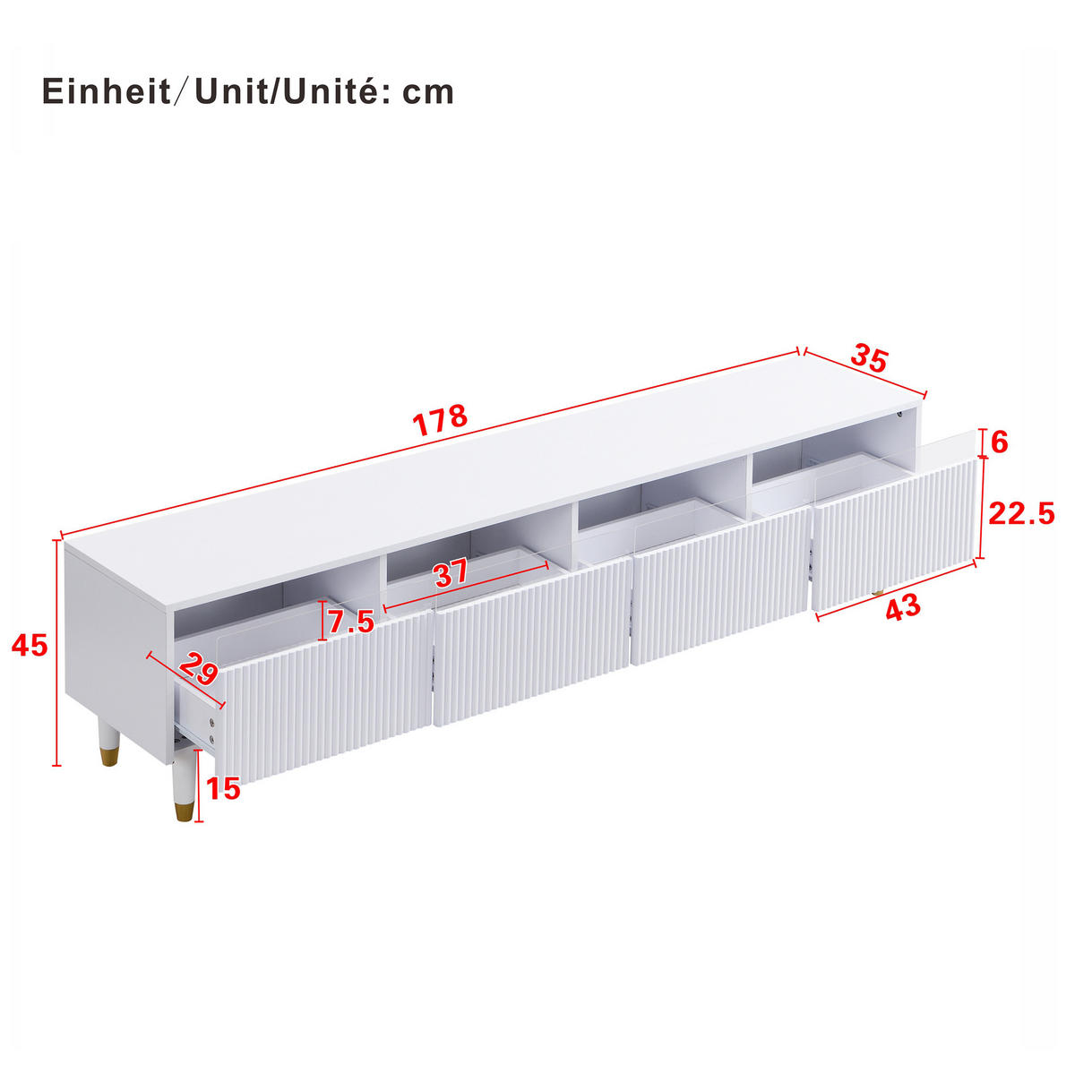 LOWBOARD 178/35/45 cm Weiß aus MDF mit 4 Schubladen - Weiß, Holzwerkstoff (35/45/178cm) - OKMYHOME