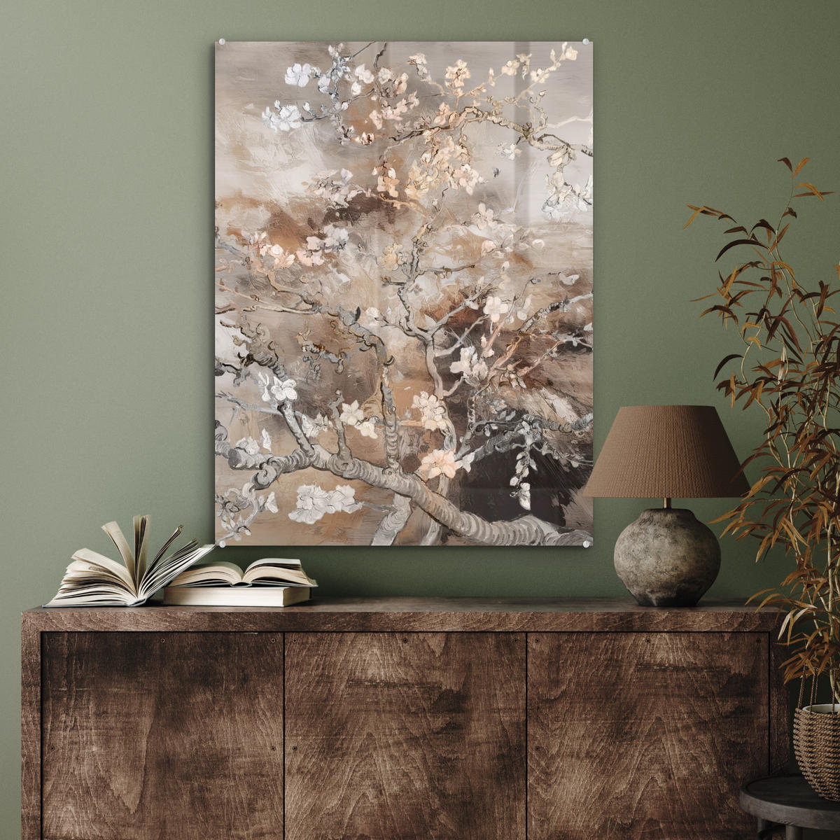 ACRYLGLASBILD Mandelblüte - Kunst - Van Gogh - Beige - Abstrakt 60x80 cm - Braun, Glas (60/80cm) - MuchoWow