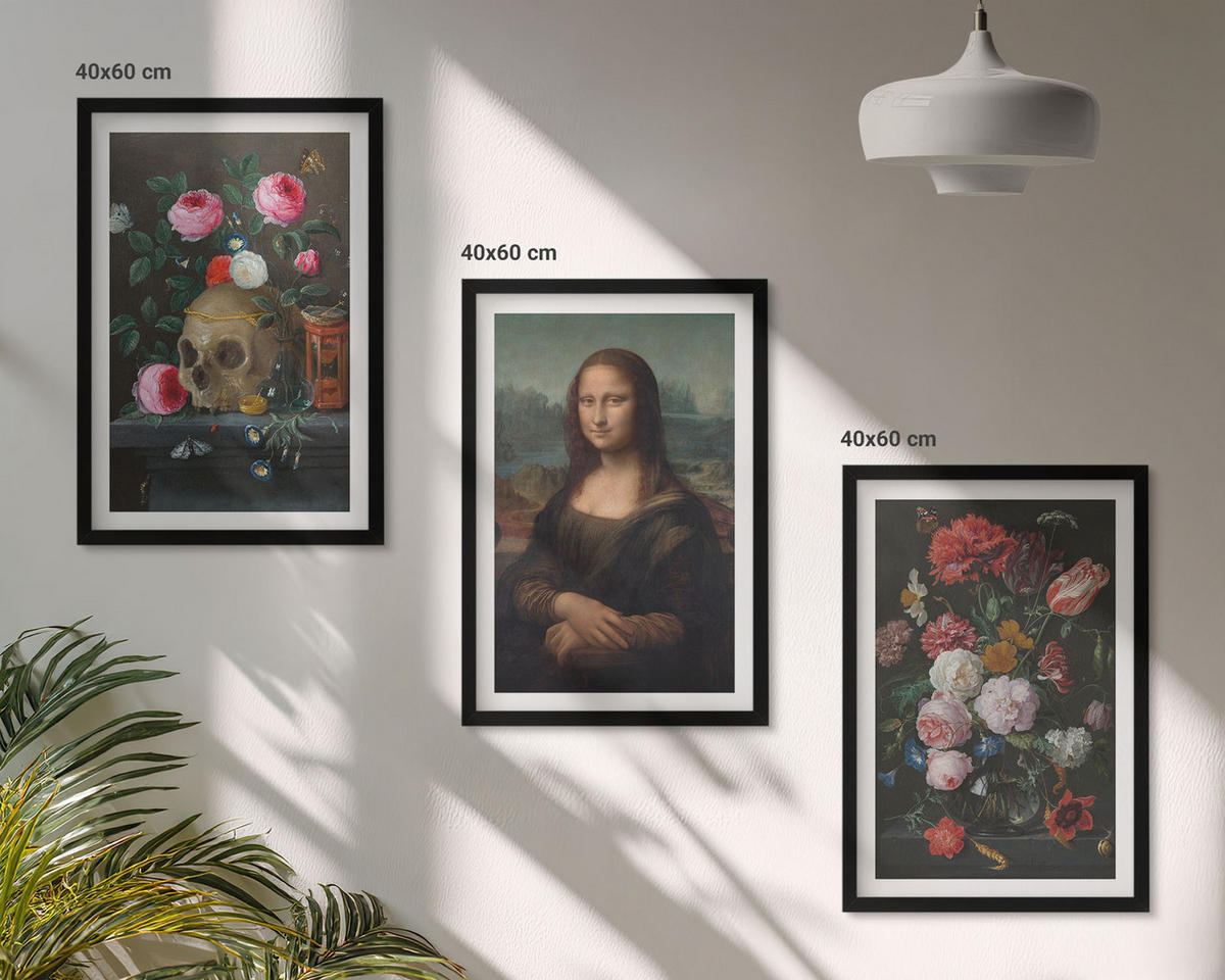 BILDER SET 3er Set - 40x60 cm Schwarzer Rahmen - Blumenschädel-Porträt Mona Lisa - Schwarz, Kunststoff (40/60cm) - TULUP