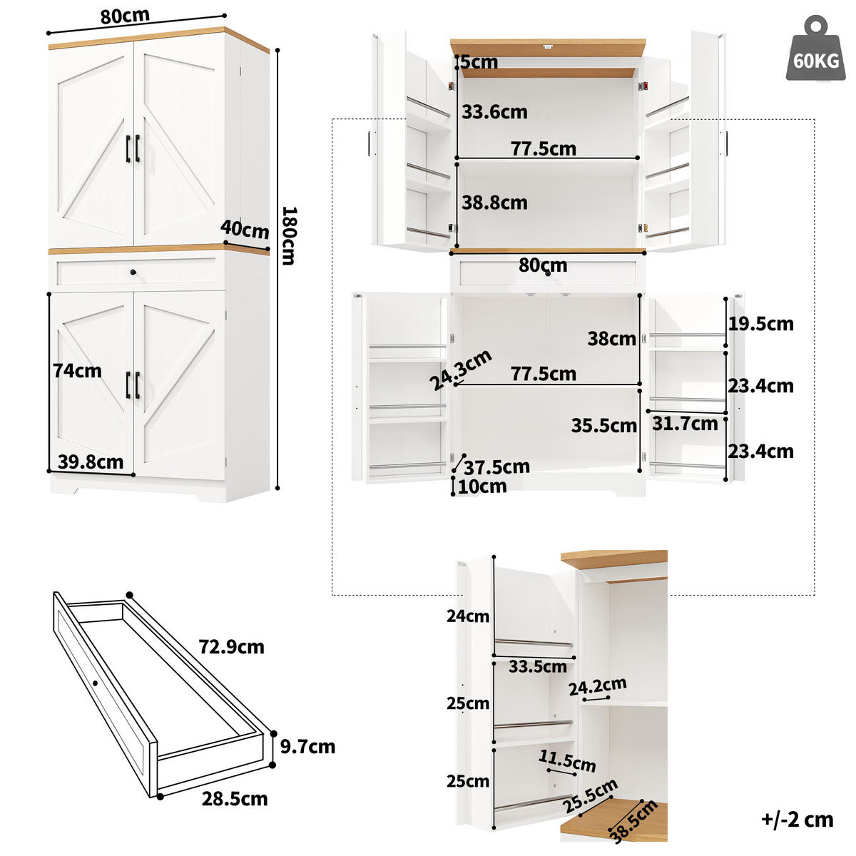 HOCHSCHRANK aus MDF in Weiß mit Holzoptik-Tischplatte, Schubladen und offenen Snack-Regalen, 80/40/180 cm, Weiß - Weiß, Holzwerkstoff (80/180/40cm) - Redom