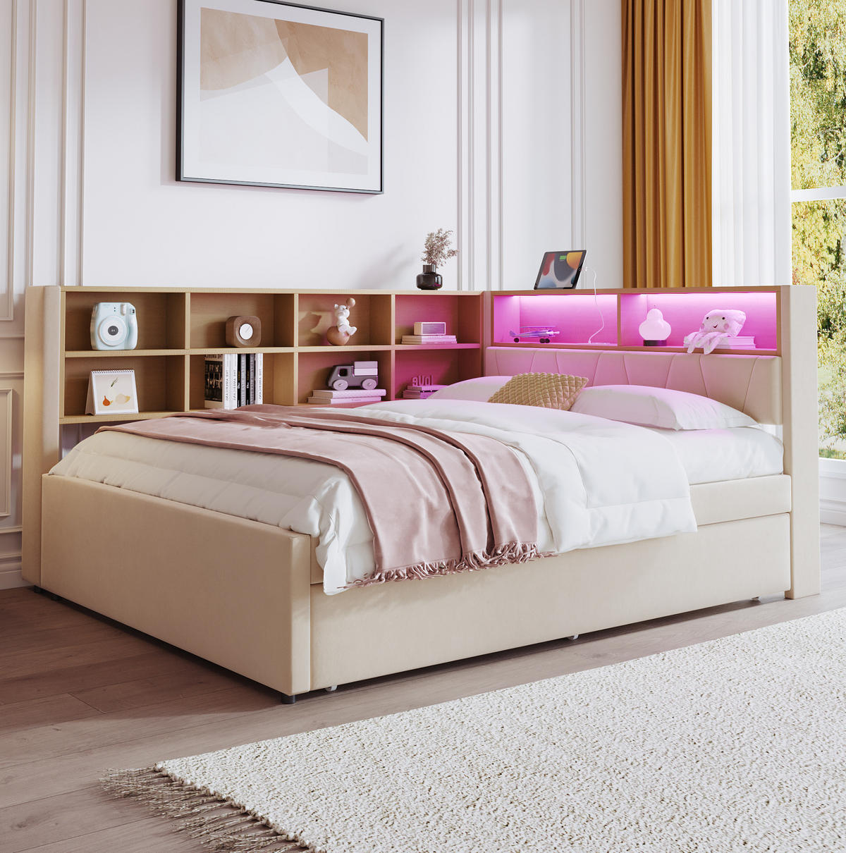BETT 140/200 cm mit Ausziehbett 90/190 cm, LED, Stauraum und Ladeanschlüssen - Beige, Textil (140/200cm) - Flora Grace
