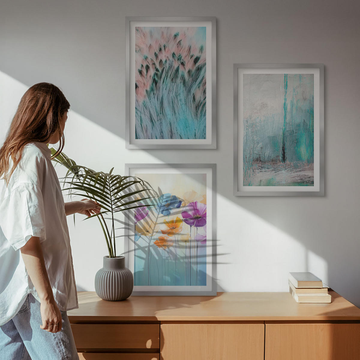 WANDBILDER 3er Set - 40x60 cm Silberner Rahmen - Hintergrundmuster mit Pastellblumen - Silberfarben, Kunststoff (40/60cm) - ArtPrintCave