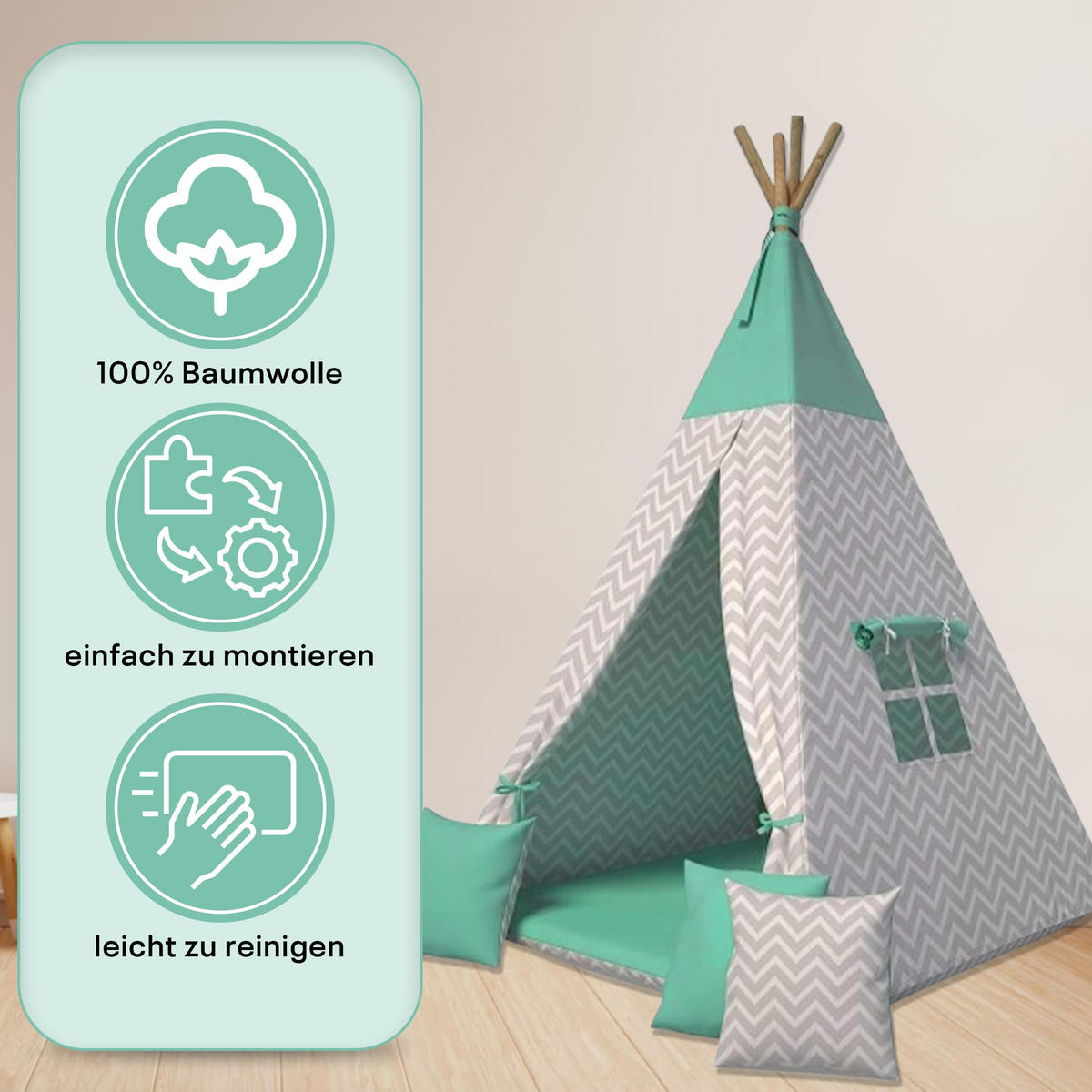 TIPI-ZELT 105 x 105 x 140 cm Zickzack grün mit weichen Kissen | Spielzelt für Kinderzimmer Indoor - Grün, Textil (105/105cm) - Best for Kids