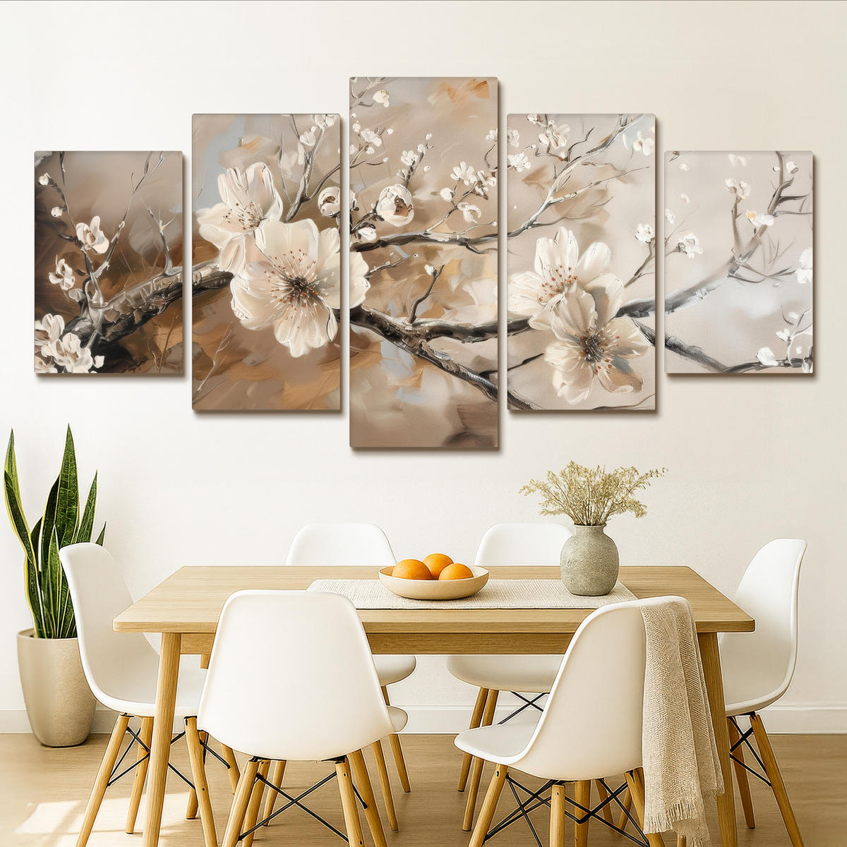 LEINWANDBILD 5er Set Blüte - Beige - Abstrakt - Blumen 200x100 cm - Hellbraun, Textil (200/100cm) - MuchoWow