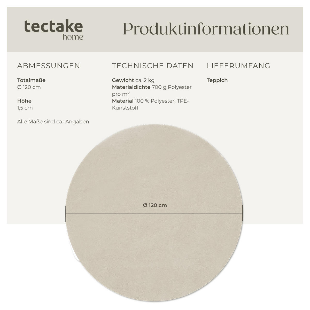 KURZFLORTEPPICH Soft Zone,rutschfeste Unterseite,beige - Beige, Kunststoff (120/120cm) - tectake