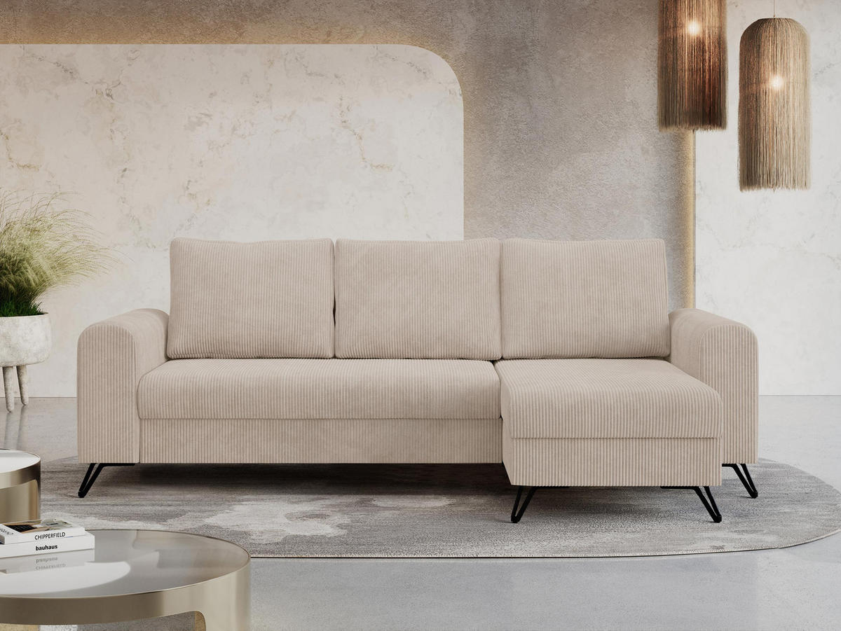 ECKSOFA Hugo Cord Beige - Beige/Schwarz, Textil/Metall (242/140cm) - MKS