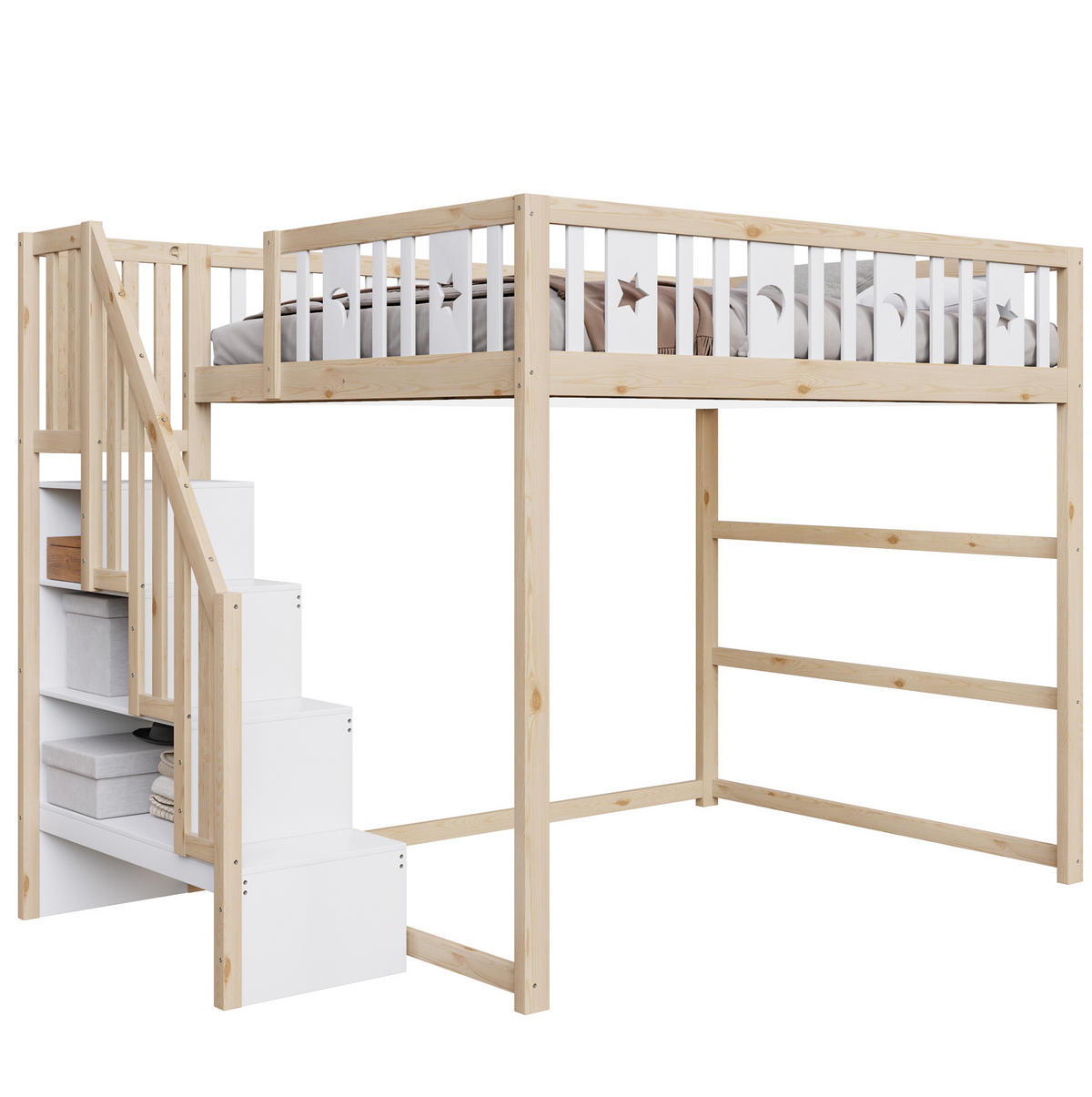 HOCHBETT 140/200 cm naturweiß aus Massivholz mit Treppe und Regalen - Naturfarben, Holzwerkstoff (140/200cm) - OKWISH