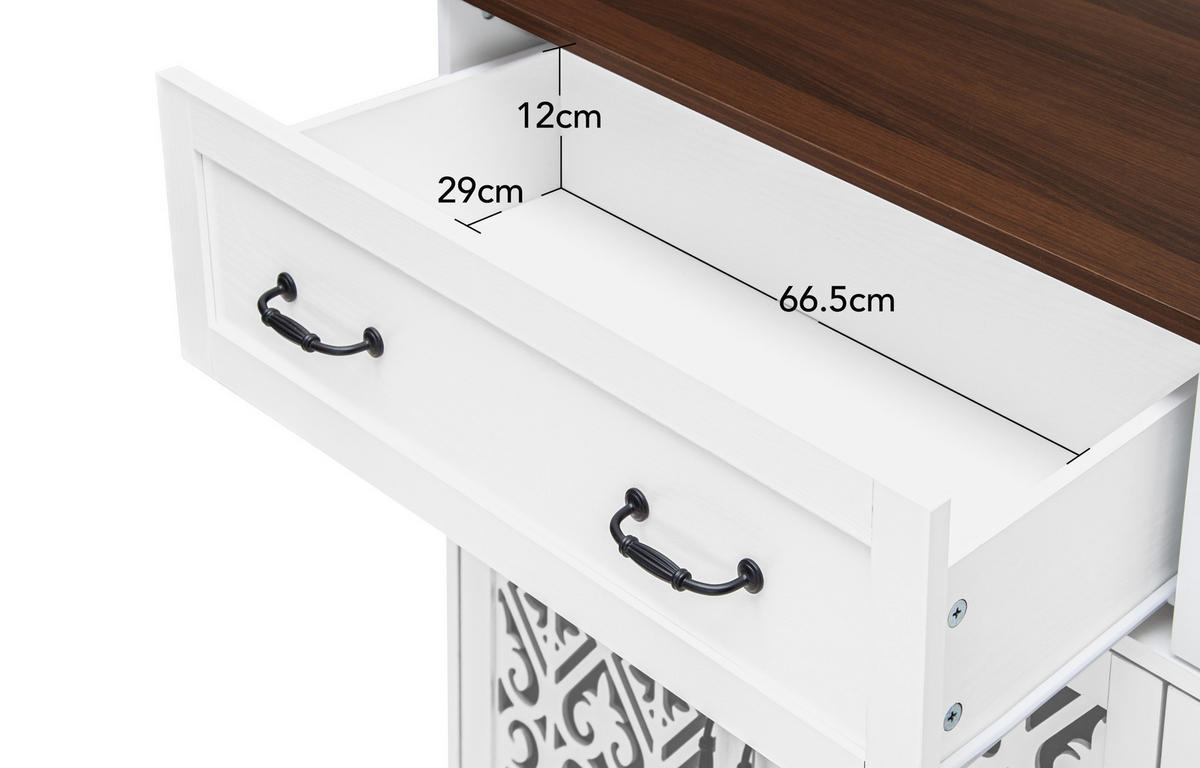 SIDEBOARD aus Spanplatte und Massivholz 150x40x93 cm Weiß mit 4 Türen, 2 Schubladen, verstellbaren Einlegeböden und Vintage-Front - Weiß, Holzwerkstoff (150/90.3/40cm) - Modfu