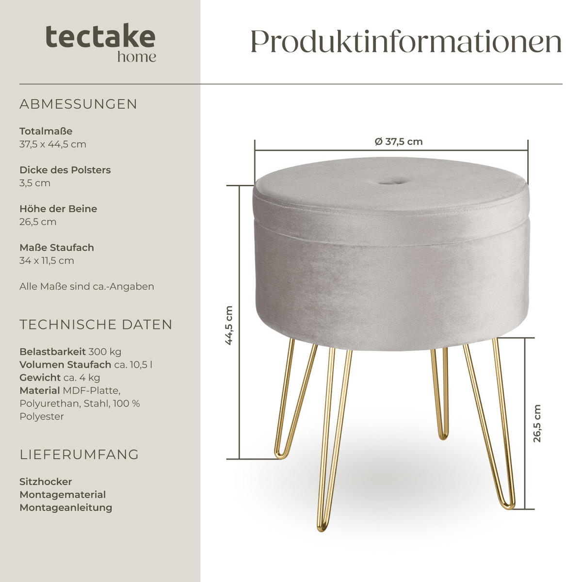 SITZHOCKER mit Stauraum Ava,37,5 x 44,5 cm,hellgrau - Hellgrau, Holz (37.5/44.5/37.5cm) - tectake