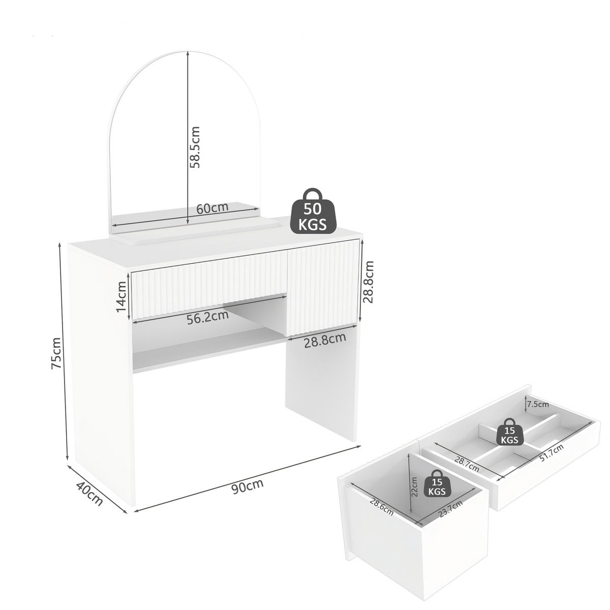 SCHMINKTISCH 40/90/135 cm weiß aus MDF mit Spiegel und 2 Schubladen - Weiß, Holzwerkstoff (40/135/90cm) - OKWISH