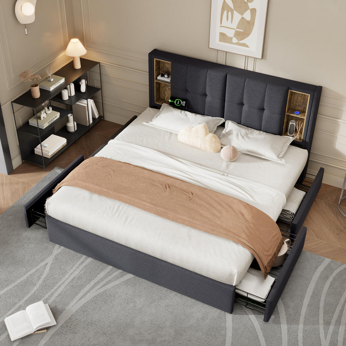 BETT mit 4 Schubladen und Ladestation 160x200 cm Leinen Grau - Grau, Metall (160/200cm) - Meubliv