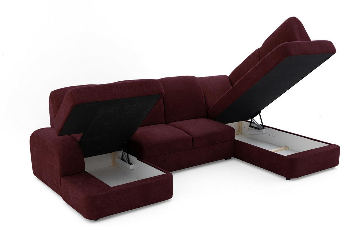 ECKSOFA VIBE U Rechts mit Schlaffunktion 129x263 Chenille Bordeaux - Bordeaux/Schwarz, Holz/Kunststoff (186/102/280cm) - Muffo