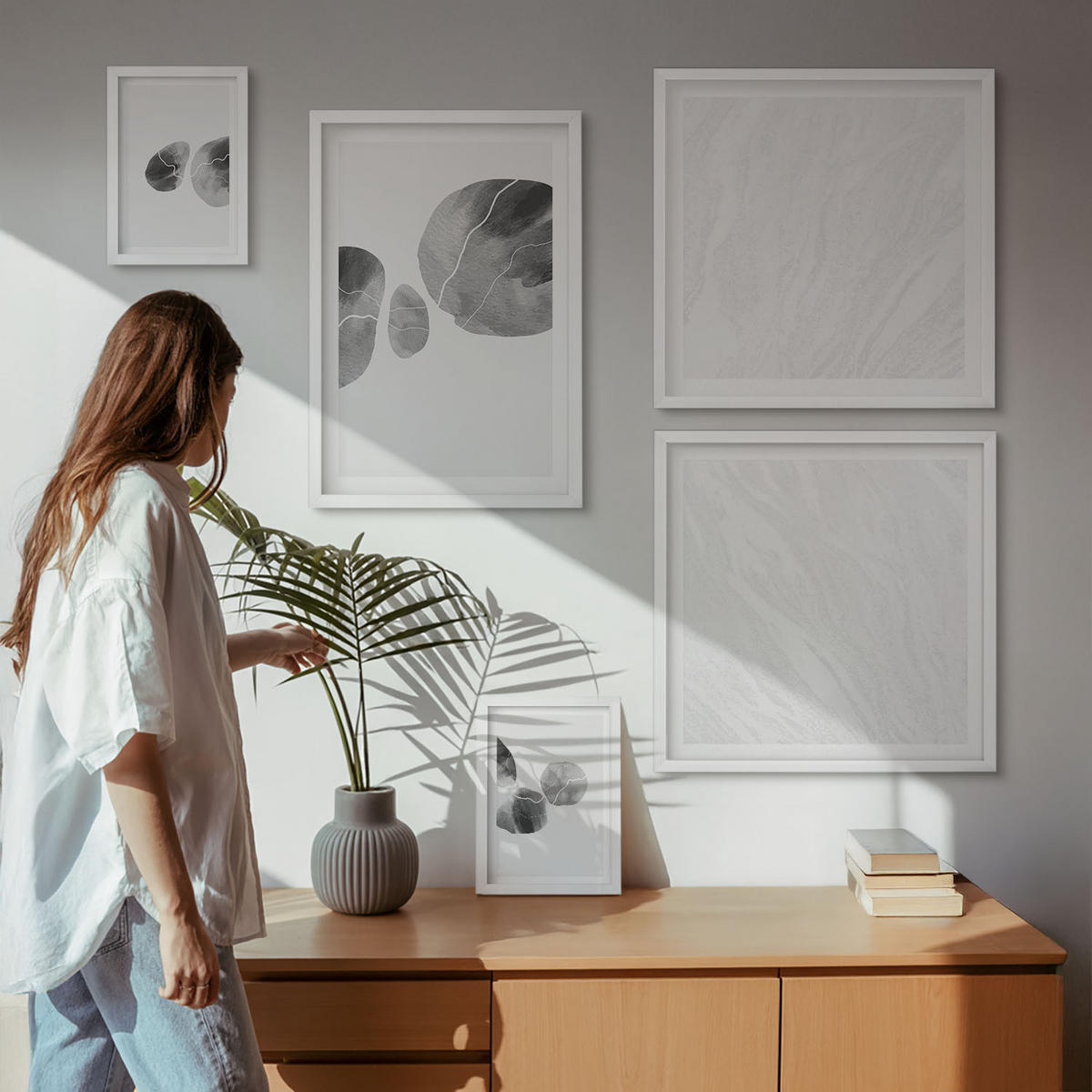 WANDBILDER 5er-Set - 50x50 cm & 20x30 cm & 40x60 cm Weißer Rahmen - Abstrakte Kunst, Farbspritzer - Weiß, Kunststoff (40/60cm) - ArtPrintCave