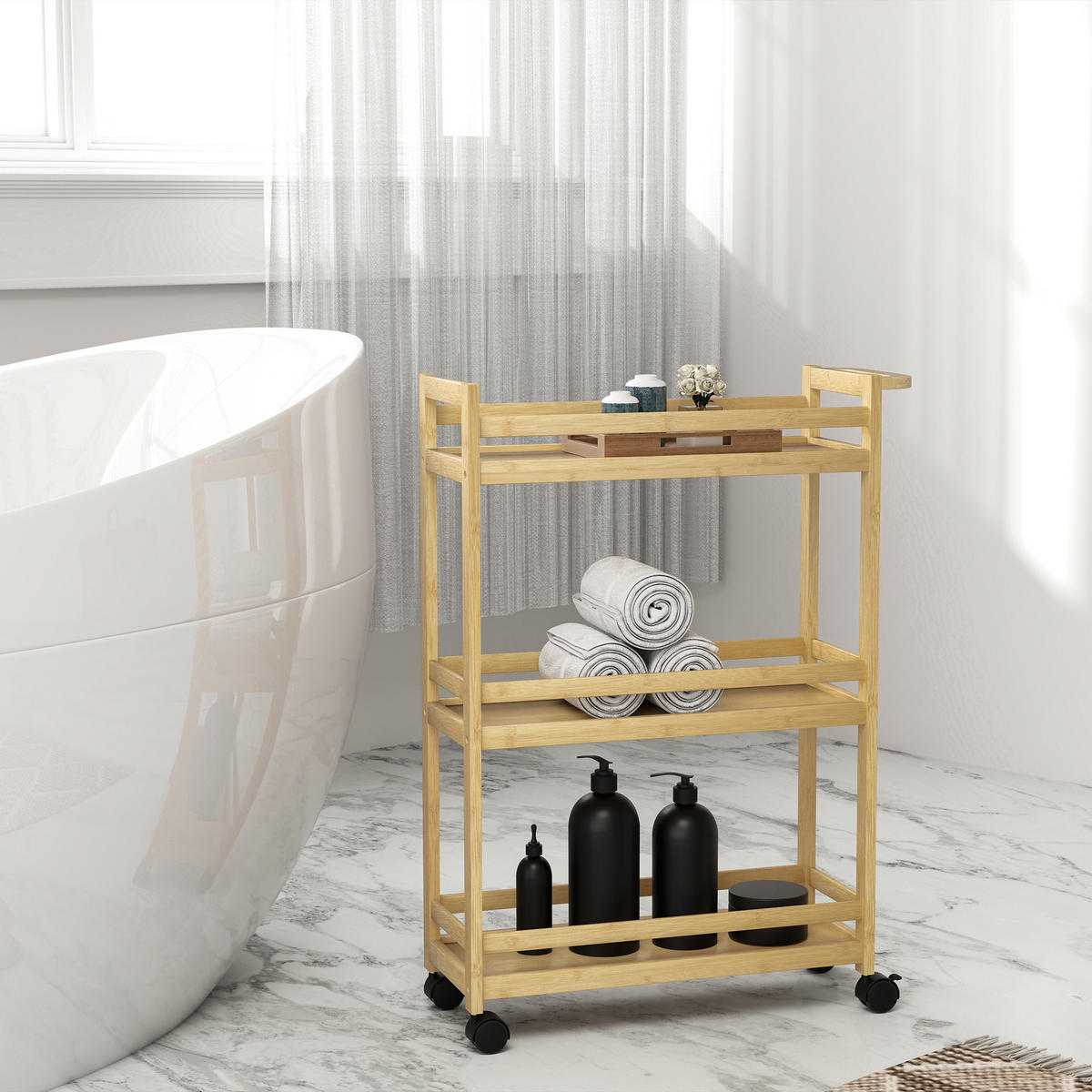 BADEZIMMERREGAL DE-17322 3-stufig mit Rollen & Handgriff Natur - Naturfarben, Naturmaterialien (20/75/55cm) - ComfortXL