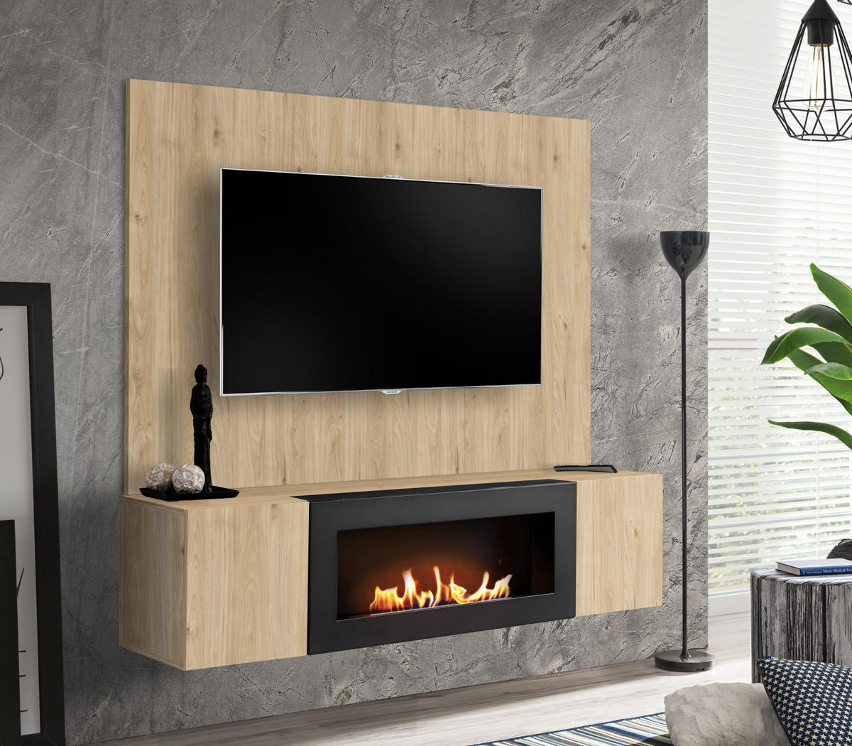 TV-LOWBOARD Eiche Jackson 160 cm hängend, Set inklusive Ethanol Kamin und Wandpaneel - Eichefarben, Holzwerkstoff (160/158/40cm) - Inn.Furn
