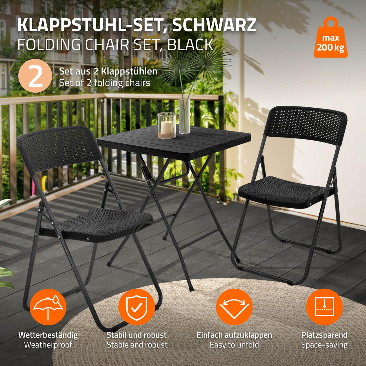 KLAPPSTUHL 2er Set Rattan-Optik Schwarz Kunststoff Metall - Dunkelgrau, Metall (51/82/46cm) - ECD-Germany