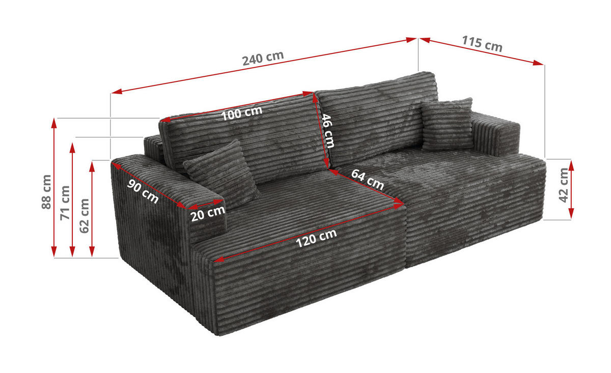 4-SITZER SOFA VIRELLA Dunkelgrau Cord - Dunkelgrau/Schwarz, Textil (240/88/115cm) - MKS