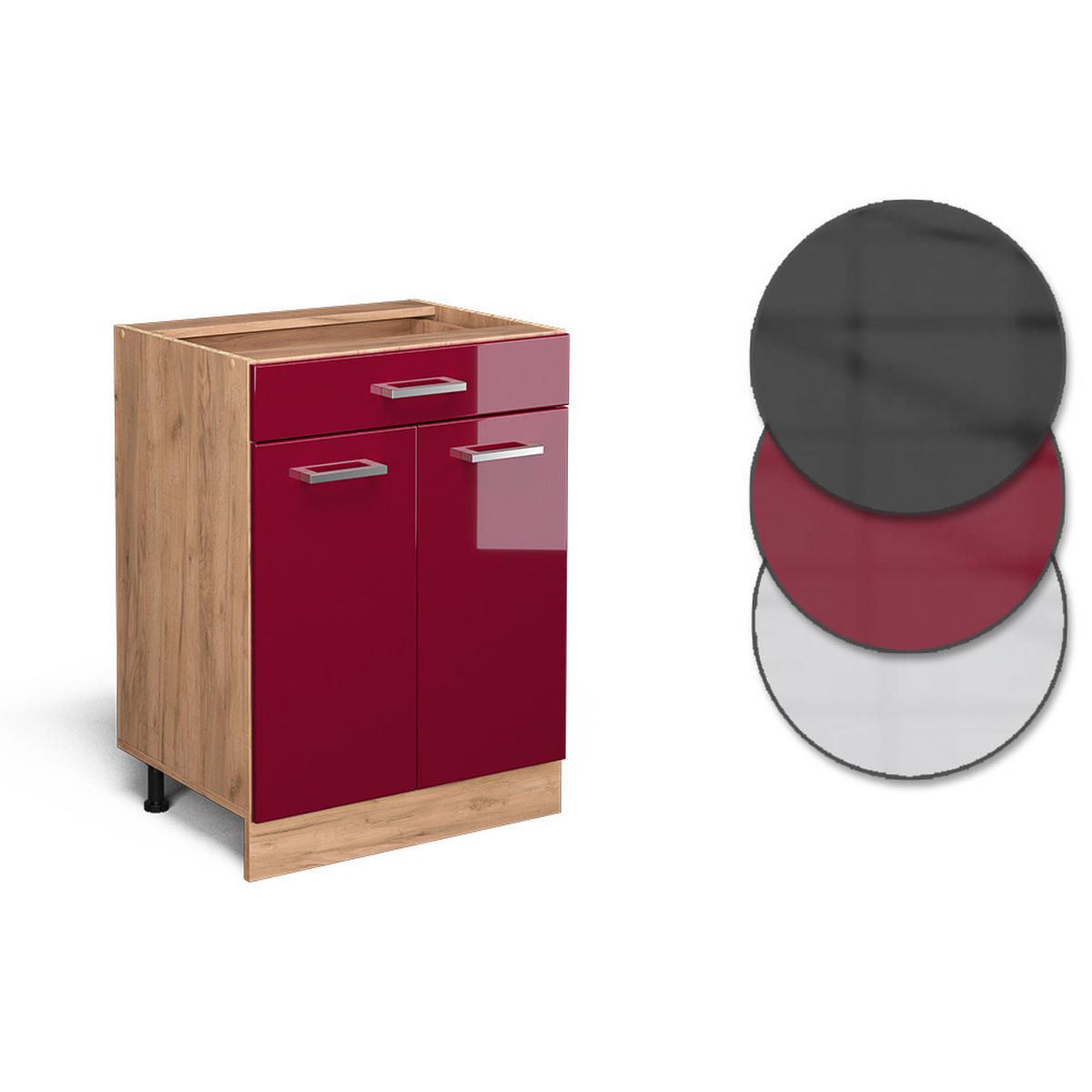KÜCHENUNTERSCHRANK R-Line Rot Hochglanz 60 cm mit Schublade, ohne Arbeitsplatte - Honigeiche/Bordeaux, Holzwerkstoff (60/81.6/46cm) - Vicco
