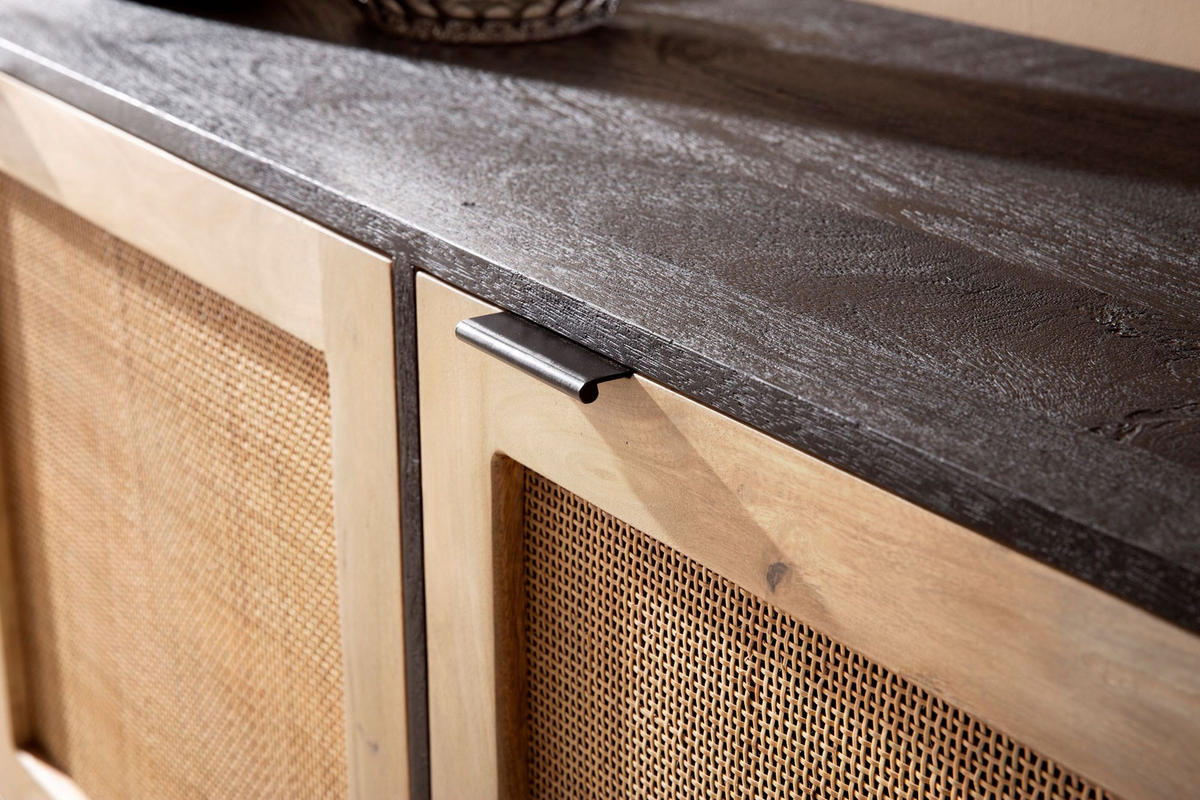 SIDEBOARD – Mango Massivholz/Rattan, 175x75x45 cm, 3 Türen, schwarz/braun - Schwarz, Holz/Metall (175/75/45cm) - KADIMA DESIGN