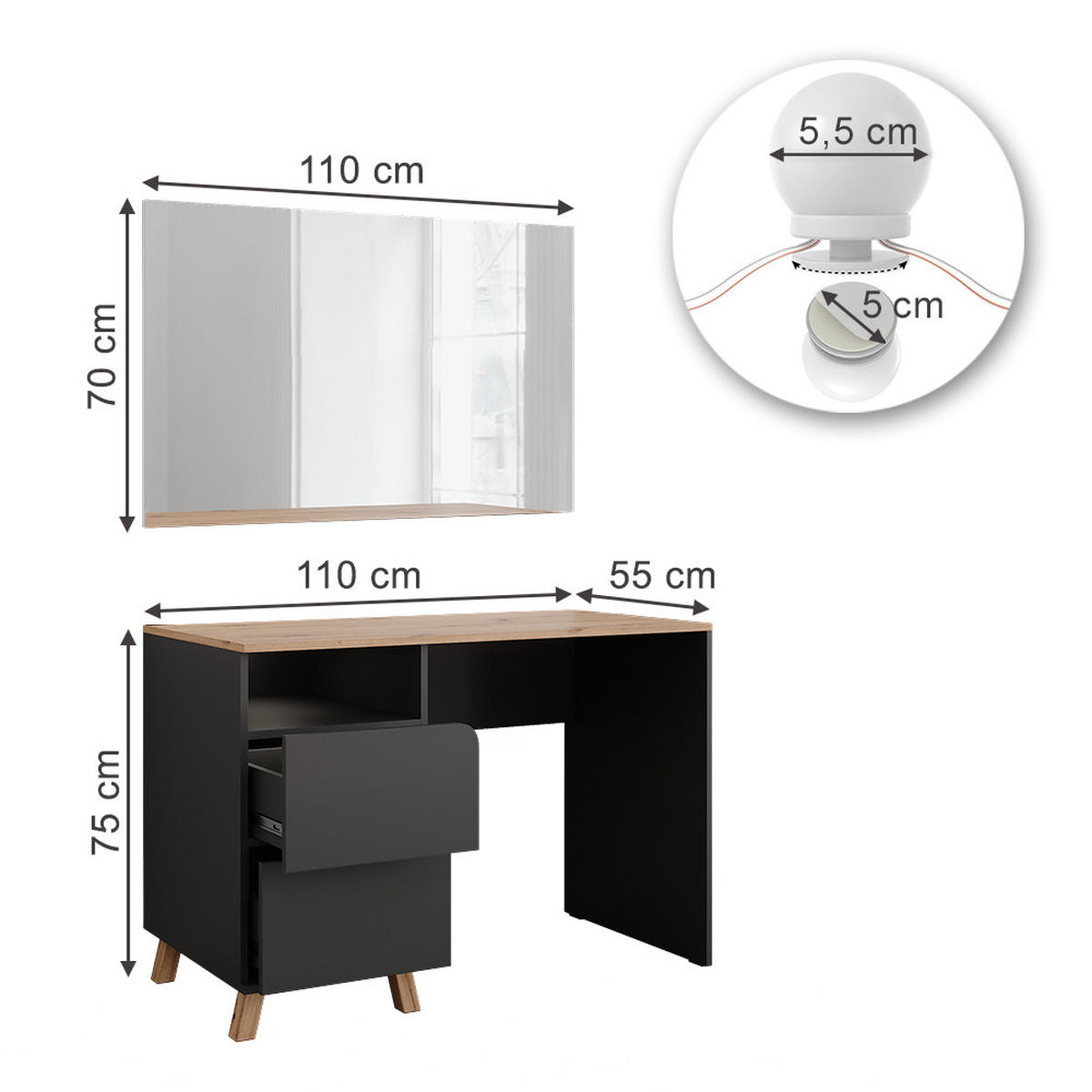 SCHMINKTISCH Karen Anthrazit/Artisan 110 cm mit LED-Lichterkette - Anthrazit/Eiche Artisan, Holzwerkstoff (110/75/55cm) - Vicco