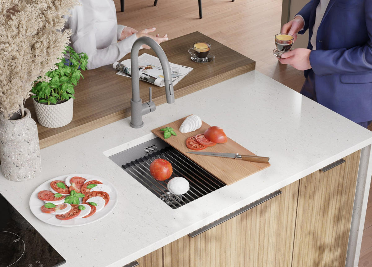 UNTERBAUSPÜLE GRANIT Praga, 2-er set Grau 46/47 cm 1 Becken + Ablauf-Set + Aufrollbare Abtropffläche ab 50er Unterschrank - Chromfarben/Grau, Kunststoff (46/20/47cm) - Primagran