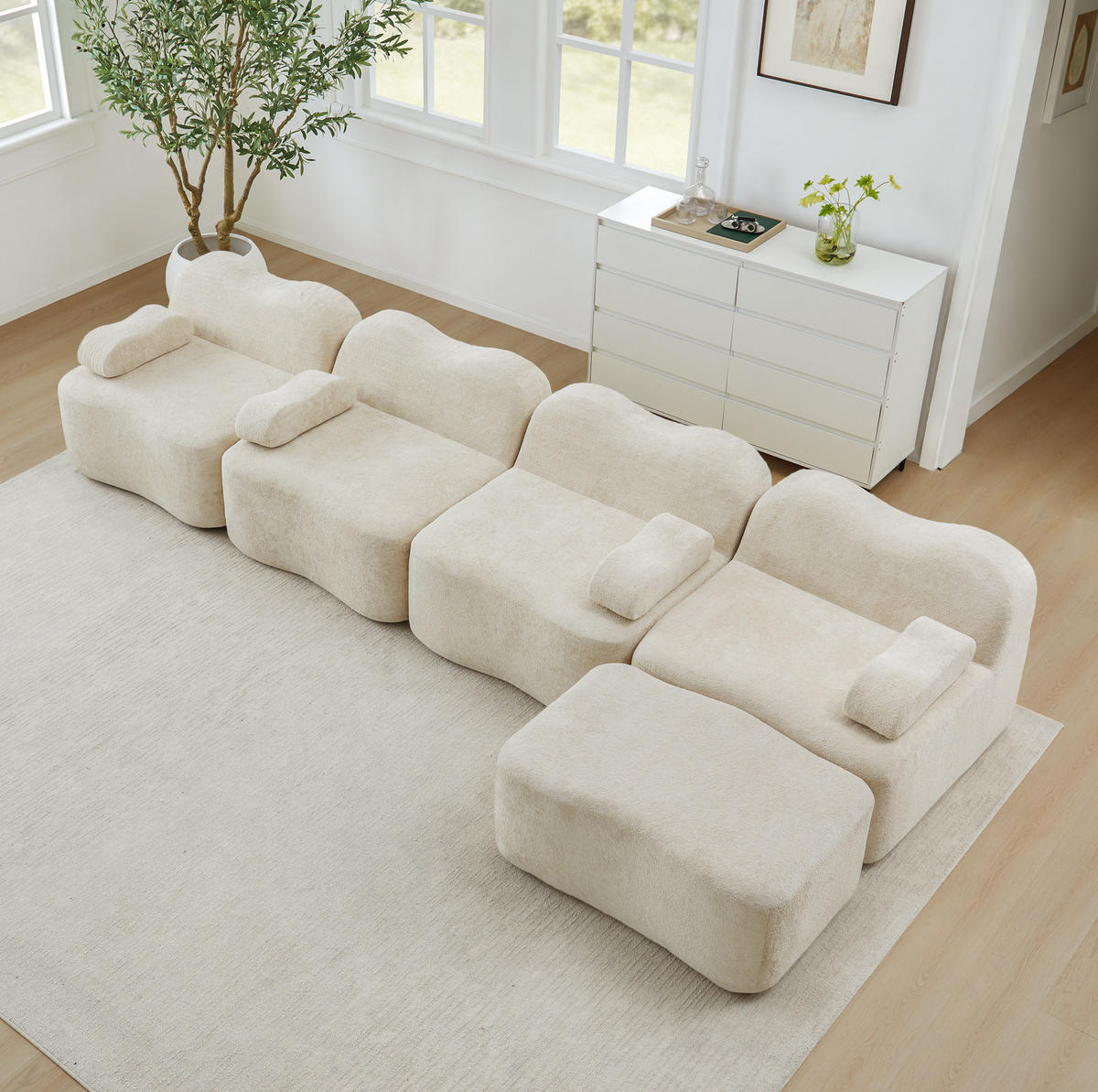 ECKSOFA modular mit Ottomanen, Wellenform und Samtbezug, Beige - Beige, Textil (384/167cm) - Redom