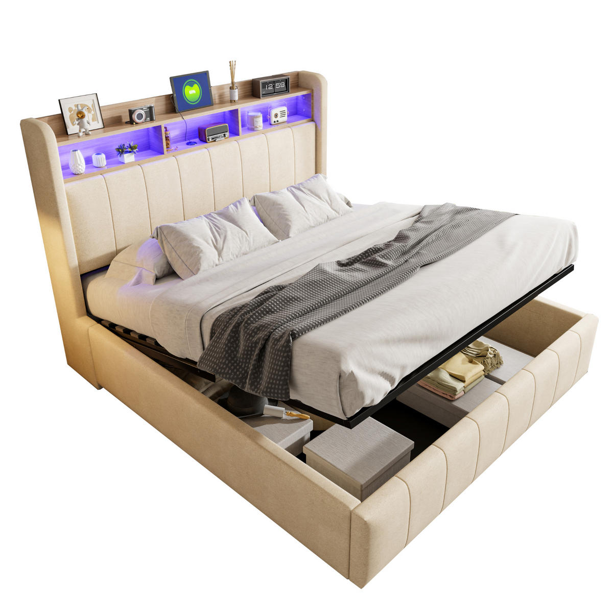 POLSTERBETT 160/200 cm Beige mit LED-Beleuchtung und USB-Steckdose, hydraulischem Stauraum - Beige, Textil (160/200cm) - OKWISH