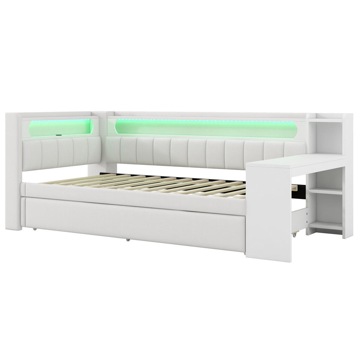POLSTERBETT 90/200 cm weiß aus MDF mit LED USB Ausziehbett Schreibtisch - Weiß, Holzwerkstoff (90/200cm) - OKWISH