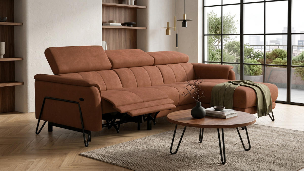 ECKSOFA RODEN 4-Sitzer mit Relax, braun, Veloursstoff - Braun, Holz/Textil (268/92cm) - Wozimo