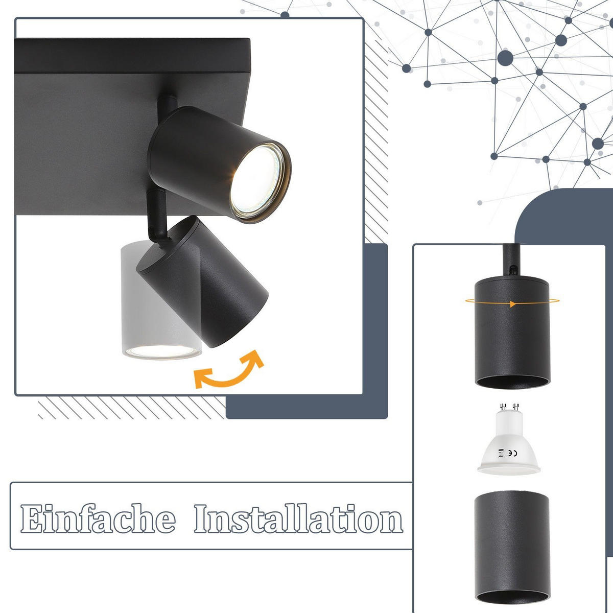 DECKENSTRAHLER Kanna 30/30/10.5cm - Schwarz, Metall (30/30/10.5cm) - ZMH