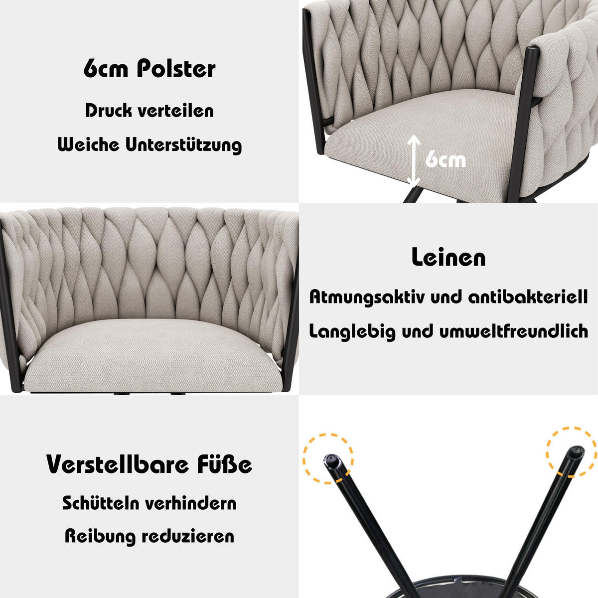 ESSZIMMERSTUHL 2er Set Leinen Drehstuhl Beige Schwarz Metall - Multicolor, Naturmaterialien (53.5/72/60cm) - FLIEKS