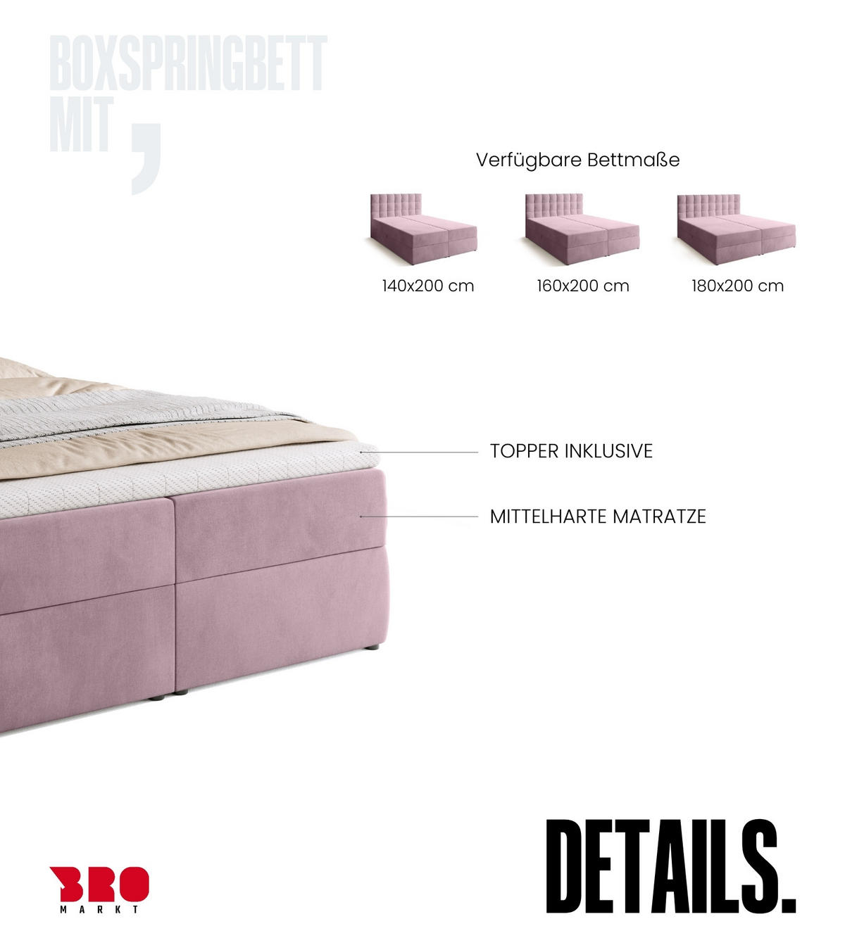 BOXBETT Detroit mit Topper 140/200 Rosa - Rosa, Holzwerkstoff/Textil (140/200cm) - Bromarkt