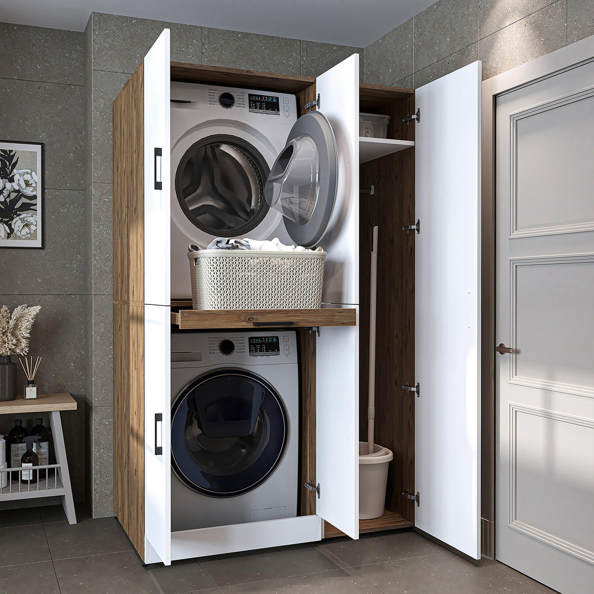 WASCHMASCHINENSCHRANK DORA-I 115cm Breit, 186cm Hoch - Eiche Bianco, Holzwerkstoff (115/186/73.8cm)