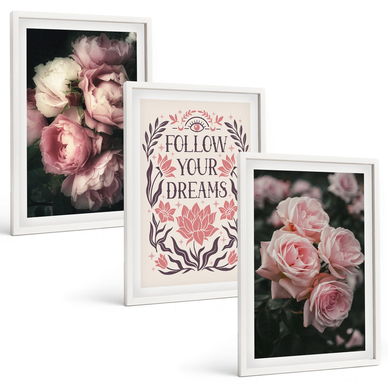 BILDER SET 3er Set - 40x60 cm Weißer Rahmen - Vintage-Rosenträume-Inschrift - Weiß, Kunststoff (40/60cm) - TULUP