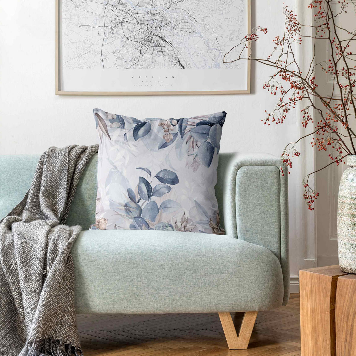 KISSENBEZUG Botanik in Pastell Blau & Beige 40/40 cm - Blau, Textil (40/40cm) - Bilderwelten