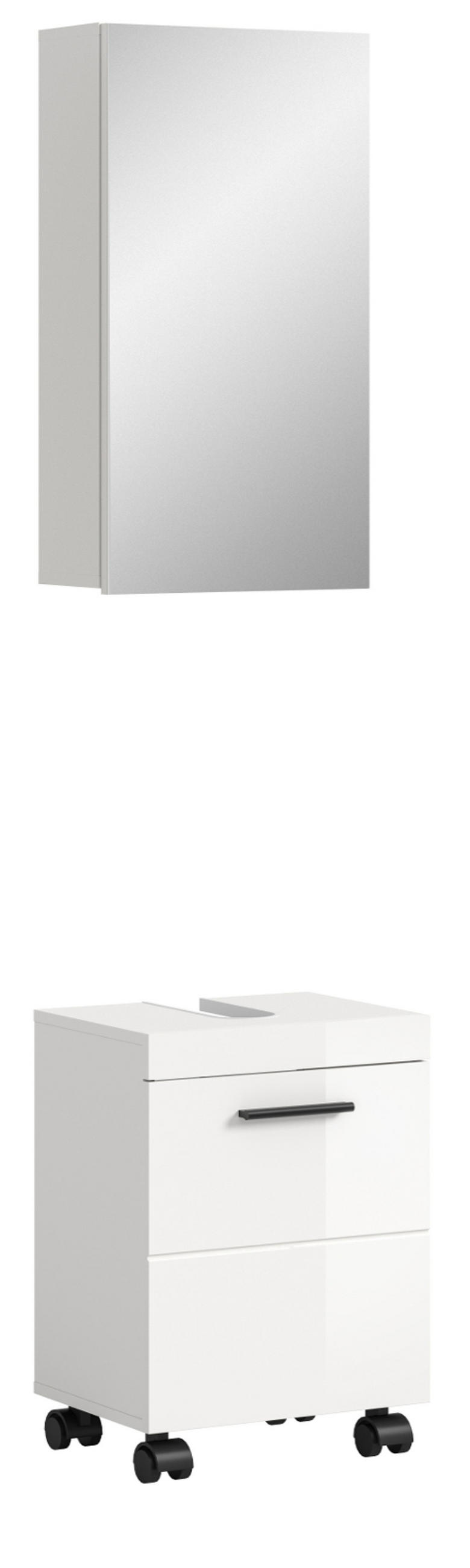 BADMÖBEL-SET weiß Hochglanz 2-teilig 40 cm, Badkombination auf Rollen - Weiß Hochglanz/Schwarz, Glas/Holzwerkstoff (40/191/30cm) - Inn.Furn
