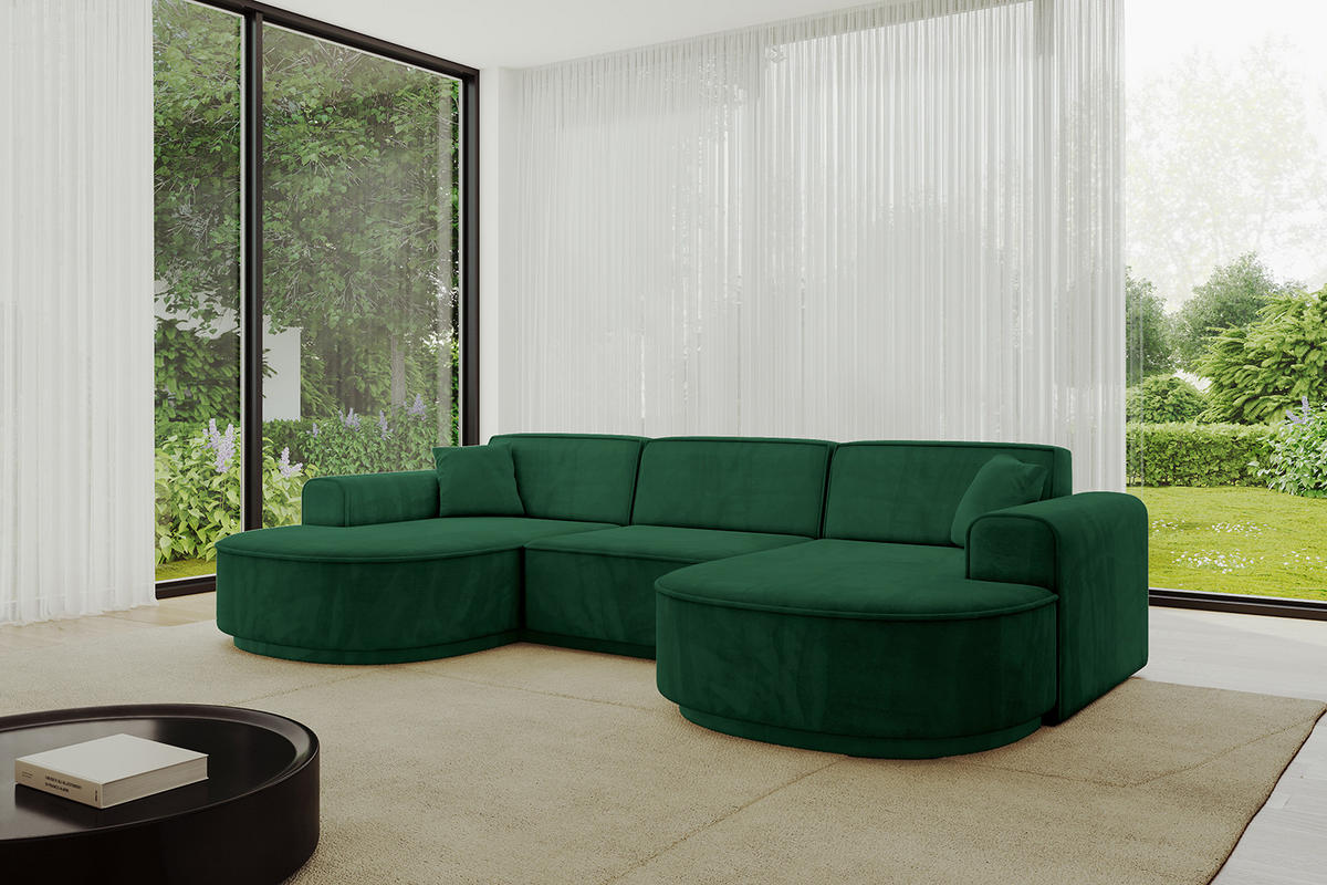 WOHNLANDSCHAFT MARI-U1-v3 - 303x171x83 cm Dunkelgrün Velours - Dunkelgrün/Schwarz, Holzwerkstoff/Kunststoff (303/83/171cm) - ALTDECOR